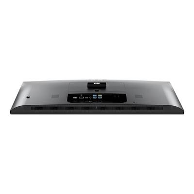 Rückansicht eines schwarzen Monitors mit mehreren Anschlussarten wie HDMI, USB und Ethernet. Flaches, modernes Design.