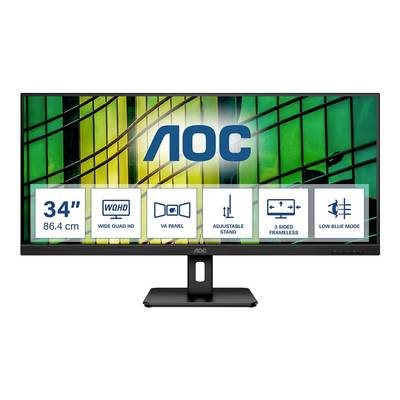 Ein 34 Zoll (86,4 cm) AOC-Monitor mit WQHD-Auflösung, VA-Panel, verstellbarem Standfuß, 3-seitigem rahmenlosem Design, Low-Blue-Mode.