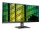 Ein Computermonitor mit einem abstrakten, farbenfrohen Hintergrund, bestehend aus grünen und gelben Glasfenstern und geschwungenen Linien.