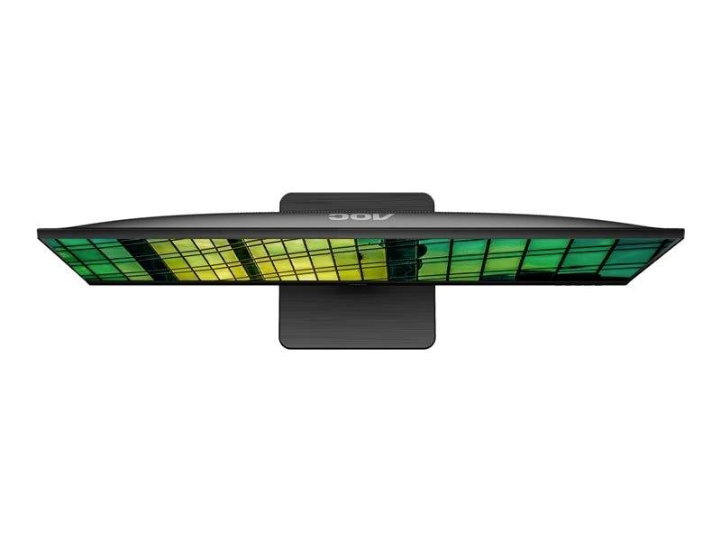 Ein gebogener Computermonitor von oben gesehen, zeigt ein buntes Bild mit grünen und gelben Pixeln auf dem Bildschirm.
