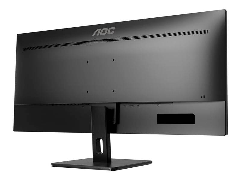 Rückansicht eines schwarzen Monitors auf einem Standfuß, ohne sichtbare Anschlüsse oder Kabel.