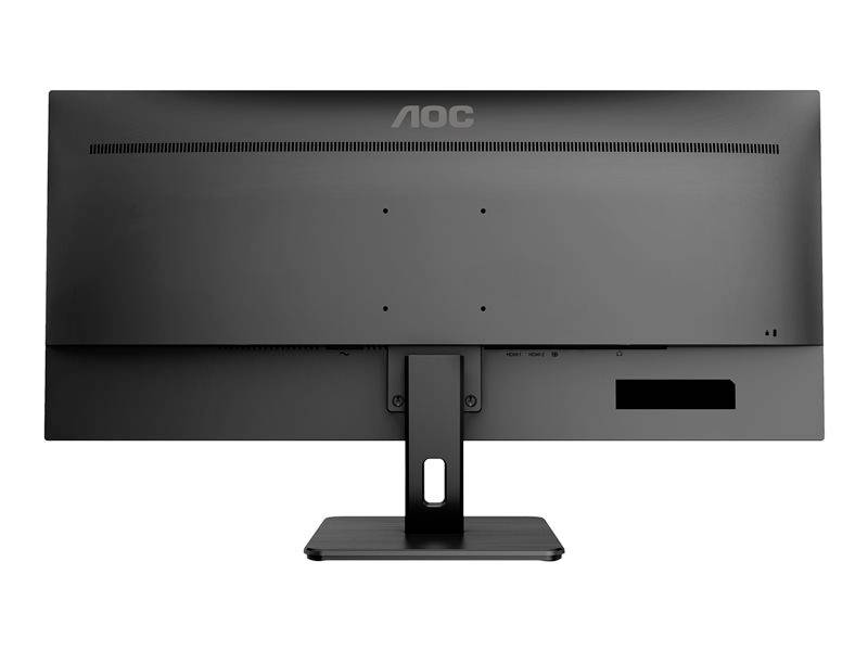 Rückansicht eines schwarzen, breiten Computerbildschirms mit Standfuß, ohne sichtbaren Bildschirminhalt.