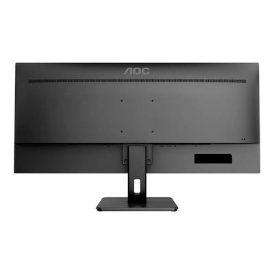Rückansicht eines schwarzen, breiten Computerbildschirms mit Standfuß, ohne sichtbaren Bildschirminhalt.
