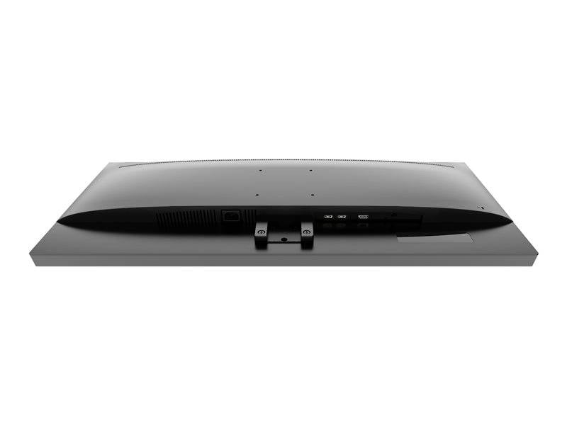 Monitor-Rückseite mit Anschlüssen wie HDMI und USB, Lüftungsschlitzen und Befestigungsmöglichkeiten; schlankes, modernes Design.