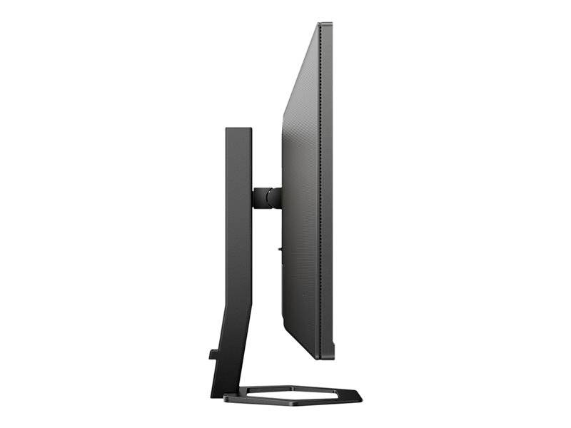 'Seitenansicht eines schlanken, modernen Computerbildschirms mit rechteckigem Standfuß. Der Monitor zeigt kein Bild.'