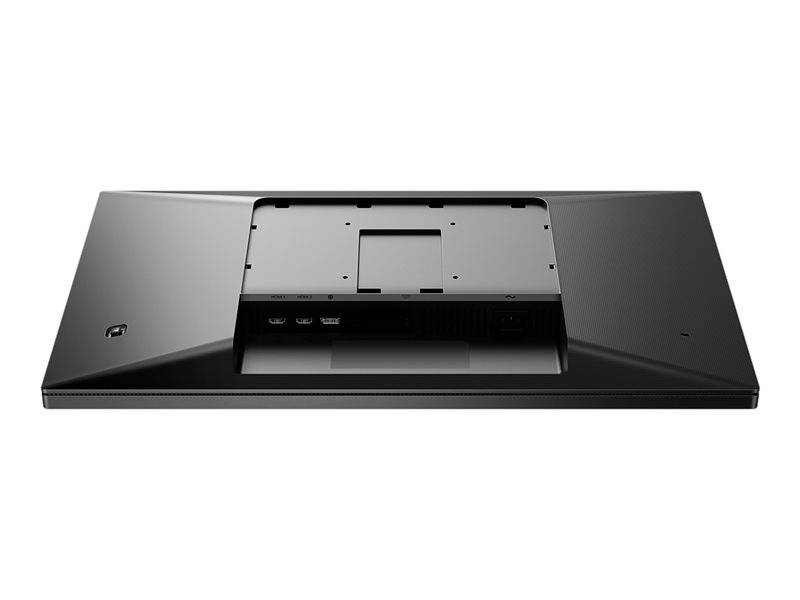 Rückansicht eines schwarzen Computerbildschirms ohne Standfuß, mit sichtbaren Anschlüssen und Wandmontagehalterung.