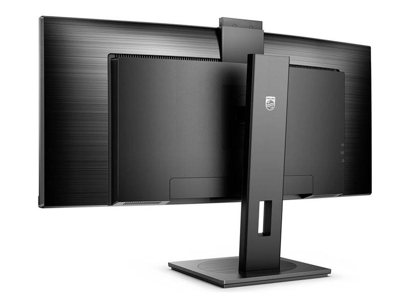 Ein Flachbildschirm-Monitor von hinten, zeigt den Standfuß und die Rückseite des Bildschirms.