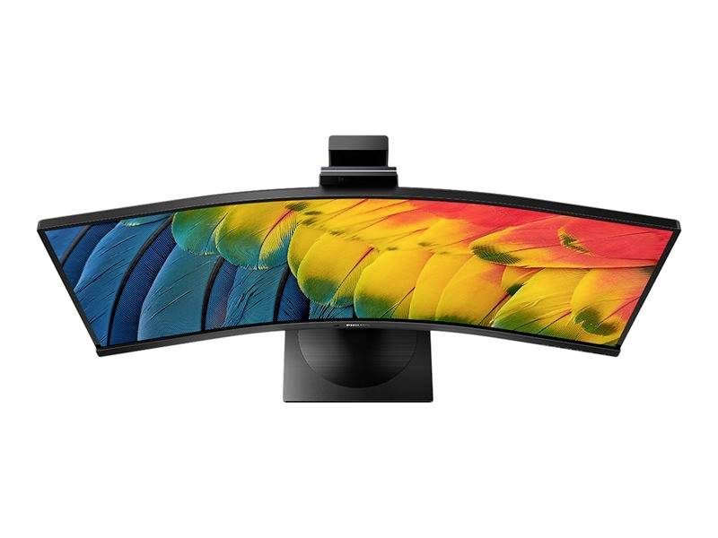 Breiter, gebogener Monitorbildschirm mit leuchtenden, bunten Federn. Die Farben umfassen Blau, Grün, Gelb und Rot und schaffen ein lebendiges Display.