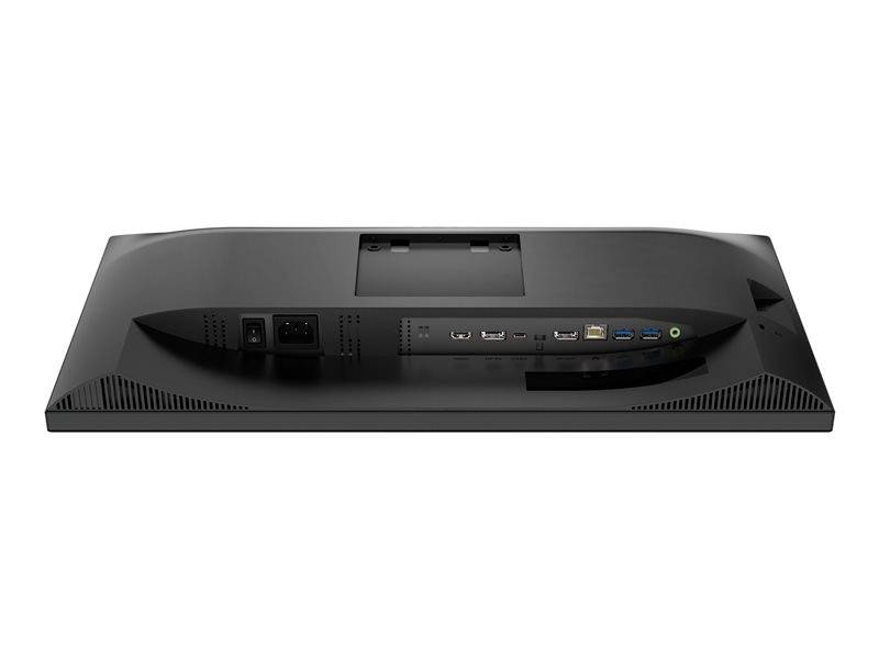 Rückseite eines Computermonitors mit mehreren Anschlussmöglichkeiten wie HDMI, DisplayPort und USB.