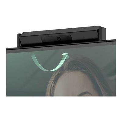 Eine schwarze Webcam ist oben auf einem Bildschirm montiert. Ein Pfeil zeigt eine drehbare Bewegung der Webcam an.