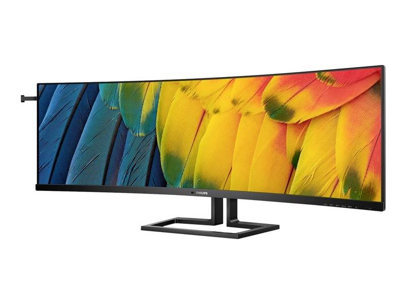 Ein ultra-breiter Monitor mit einem lebhaften Bild in leuchtenden Farben, der bunte Vogelfedern zeigt. Geeignet für kreative Arbeiten.