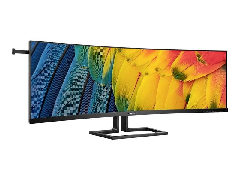 Ein ultrabreiter Monitor mit lebendigem Papageienfeder-Muster auf dem Bildschirm, das von Blau zu Gelb und Rot übergeht.
