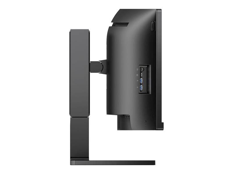 Seitliche Ansicht eines schwarzen Computermonitors mit mehreren USB-Ports auf der Rückseite.