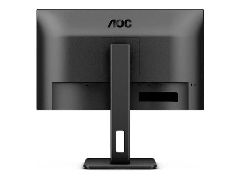 Rückansicht eines schwarzen Computerbildschirms mit dem Logo 'AOC' oben und einem stabilen Standfuß.