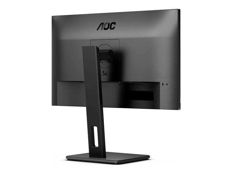 Rückseite eines schwarzen AOC-Monitors mit quadratischem Standfuß, aufgenommen von schräg rechts.