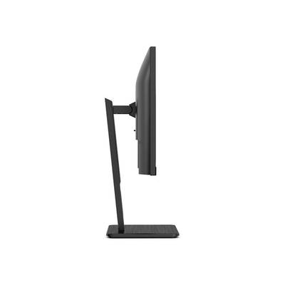 Seitenansicht eines modernen Computerbildschirms auf einem schlanken, rechteckigen Standfuß, zeigt das schlanke Profil und minimalistisches Design.