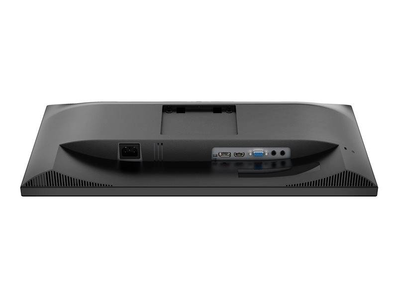 Rückseite eines Computer-Monitors mit mehreren Anschlüssen: Stromanschluss, HDMI, DisplayPort und VGA-Anschluss.