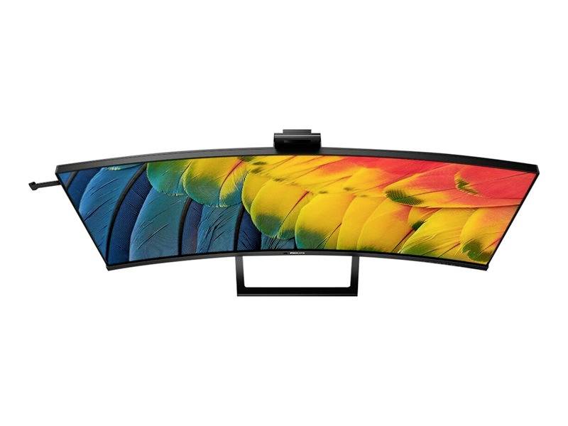 Gebogener Monitor mit buntem Papageienfeder-Design auf dem Bildschirm.