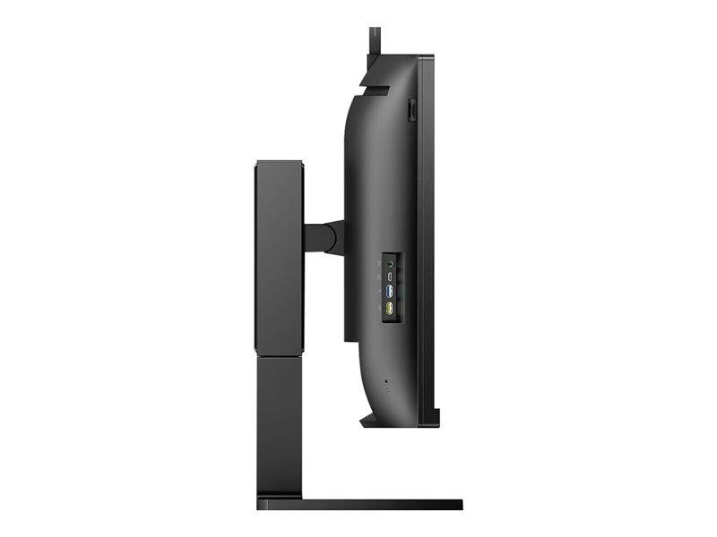 Seitliche Ansicht eines Computer-Monitors mit mehreren Anschlüssen auf der Rückseite. Der Monitor hat ein gebogenes Design.