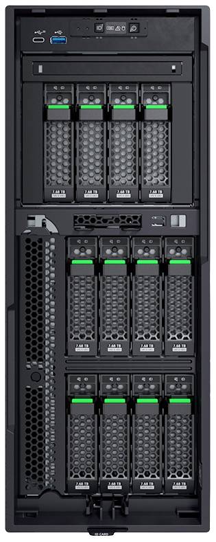 Ein Server-Rack mit mehreren Festplatteneinschüben, Leuchtdioden und Anschlüssen auf der Vorderseite, bereit für Datenspeicherung und -verarbeitung.
