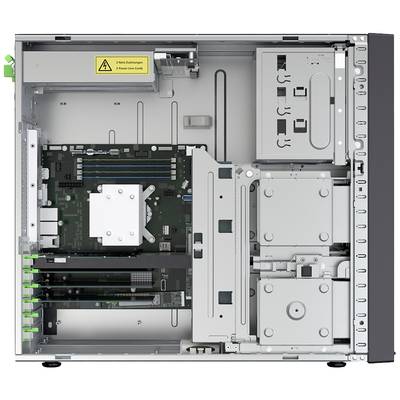 Ein geöffneter Computergehäuse zeigt das Innere eines PCs mit Motherboard, Grafikkartensteckplätzen, Festplatteneinschüben und Netzteil.