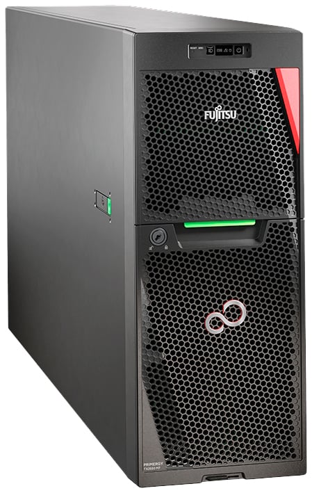 Ein schwarzer Computer-Tower von Fujitsu mit einem belüfteten Gitter und leuchtenden LED-Leuchten auf der Vorderseite.