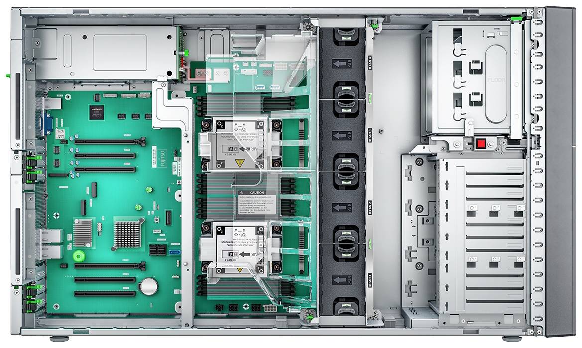 Service-Server mit geöffnetem Gehäuse; zeigt grüne Hauptplatine, Speichermodule und mehrere Lüfter.