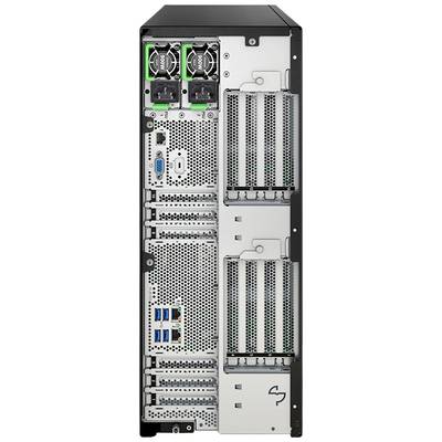 Rückseite eines Servers, zeigt Lüfter, Steckplätze für Erweiterungskarten und mehrere Anschlüsse wie USB und HDMI, in einem Gehäuse.