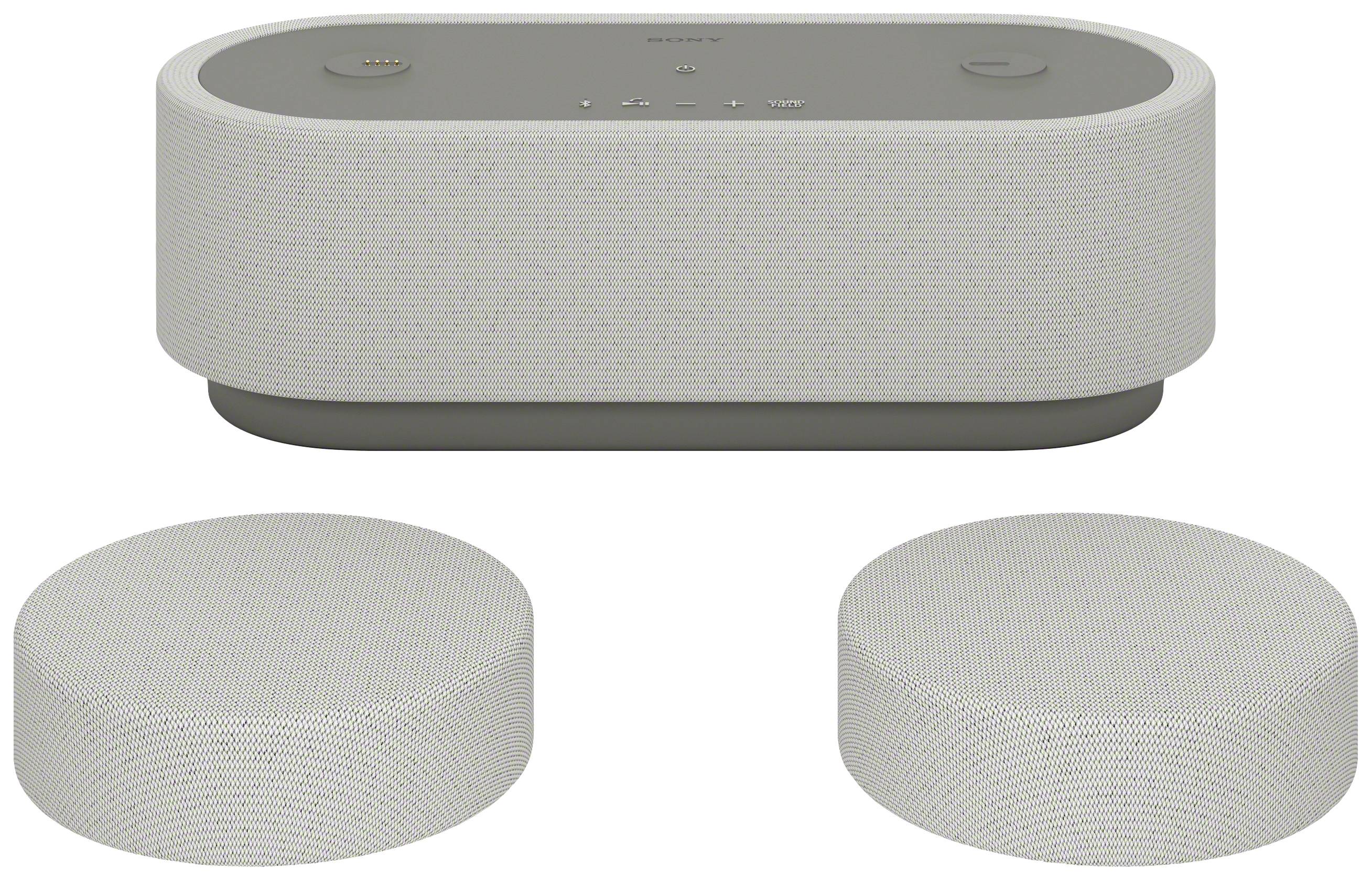 Weiße Bluetooth-Lautsprecher-Set mit einem großen und zwei kleinen Lautsprechern, modern gestaltet, geeignet für Heim-Audio-Systeme.