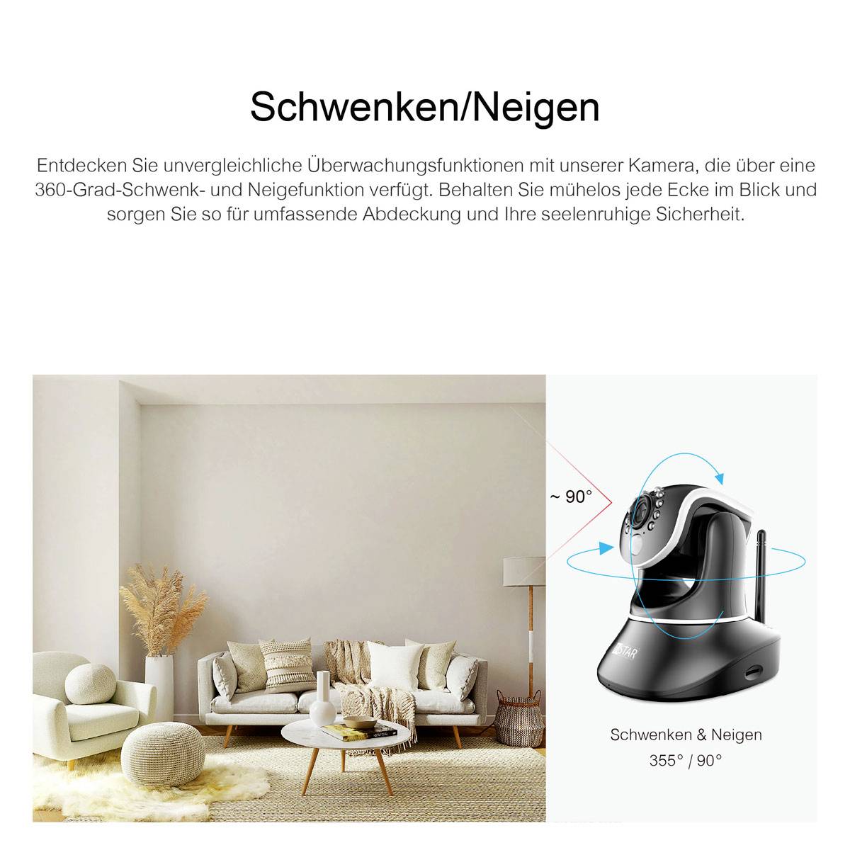 Die Abbildung zeigt eine Überwachungskamera mit 360-Grad-Schwenk- und Neigefunktion, platziert in einem modernen Wohnzimmer.