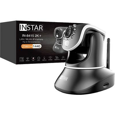 Schwarze IP-Kamera mit Schwenk- und Neigefunktion vor Verpackung. Aufdruck 'IN-8415 2K+ LAN/WLAN IP-Kamera', Auflösung 2560x1440.