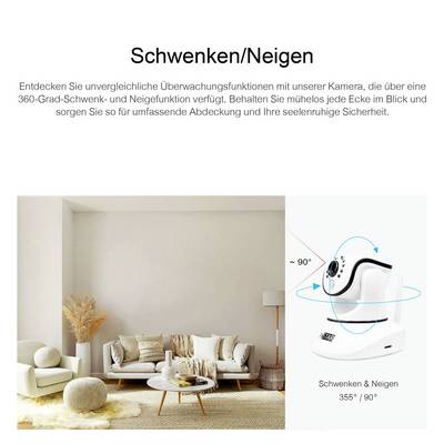 'Schwenken/Neigen' Kamera in hellem Wohnzimmer. Funktion für 360° Überwachung, bietet umfassende Sicherheitsabdeckung.