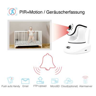 'Babyphone im Einsatz: Kamera überwacht Baby im Bett. Funktionen: Bewegungserkennung, Geräuscherfassung, Push-Benachrichtigungen.'