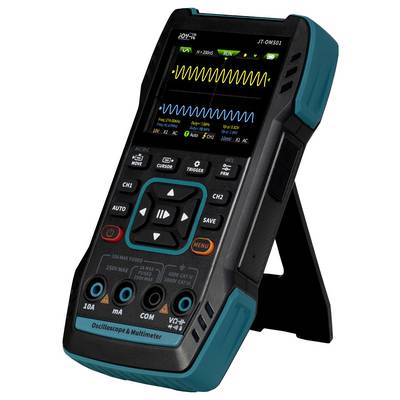 Ein tragbares Oszilloskop und Multimeter, zeigt wellenförmige Signale auf dem Bildschirm, mit Knöpfen für verschiedene Messfunktionen.