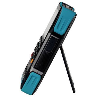 Handheld-Gerät mit Ständer, Seitenansicht. Schwarzes Gehäuse mit türkisfarbenen Akzenten, USB-Anschluss sichtbar.