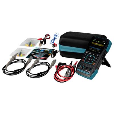 Tragbarer Oszilloskop-Kit mit Kabeln, Sonden, Aufbewahrungstasche und Bedienungsanleitung. Geeignet für Elektronikmessungen.