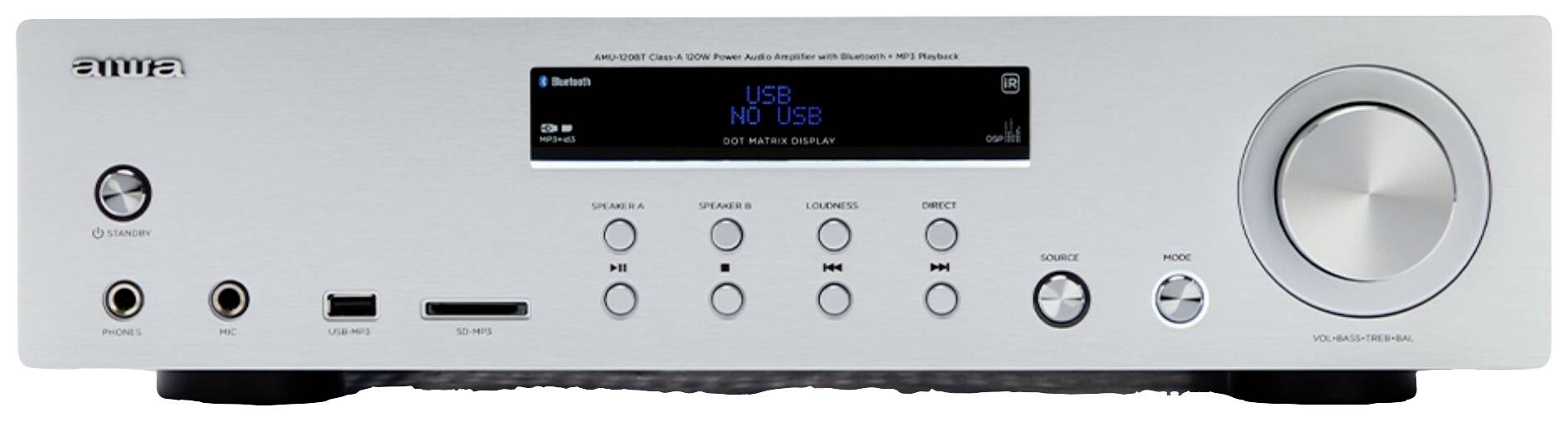 Ein silberner Hi-Fi-Verstärker mit mehreren Steuerelementen, darunter ein großer Lautstärkeregler, USB-Anschluss und Bluetooth-Anzeige.