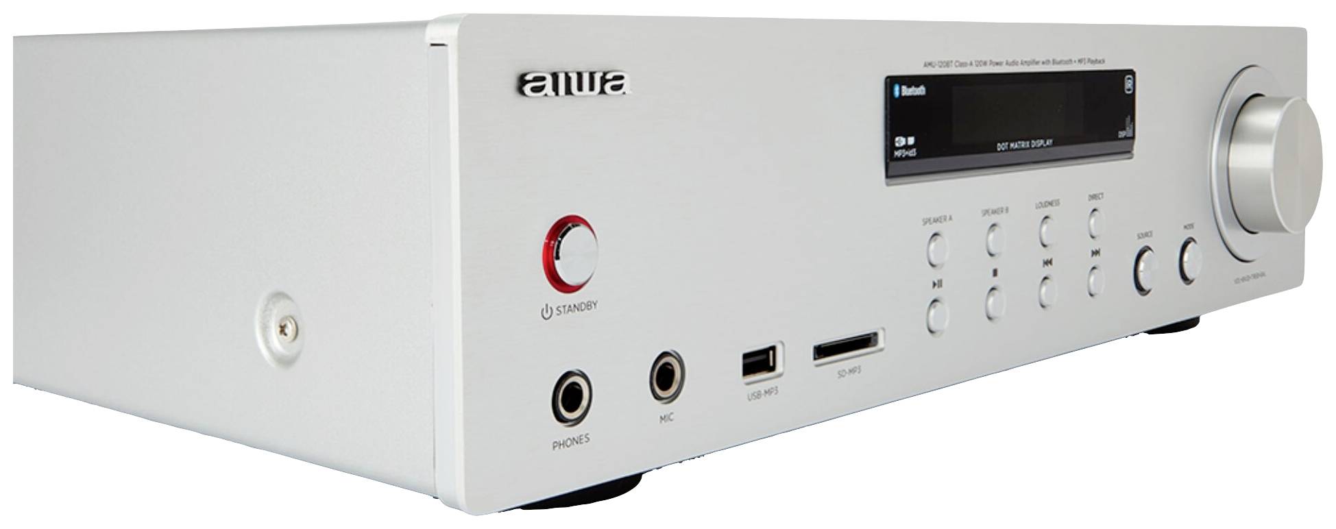 Silberner Hi-Fi-Stereo-Receiver mit mehreren Knöpfen und Anschlüssen auf der Vorderseite, einschließlich Lautstärkeregler und Display.