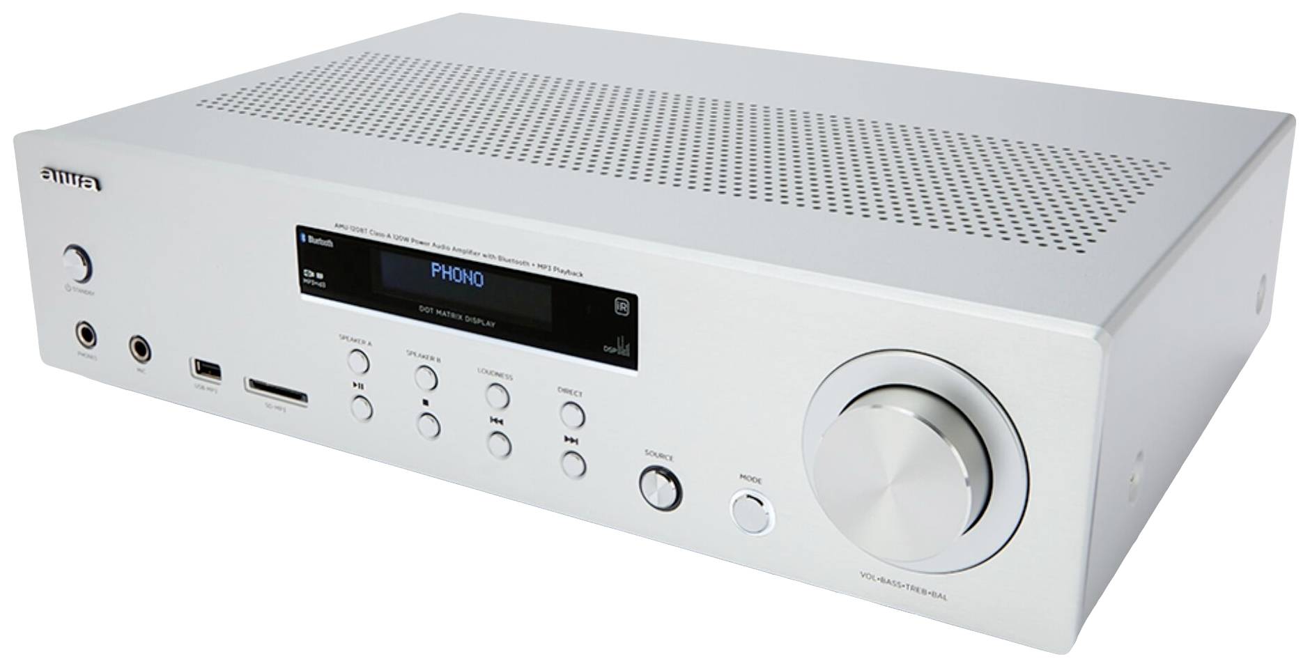 Ein silberner Stereo-Receiver mit mehreren Bedienelementen, Drehregler und LCD-Display, auf dem 'PHONO' angezeigt wird.
