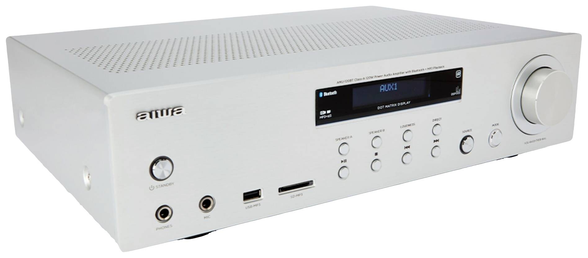 Silberner Hi-Fi-Receiver mit Drehknopf, Display zeigt 'AUX'. Vorderseite hat Anschlüsse für Kopfhörer, USB und Tasten für Funktionen.