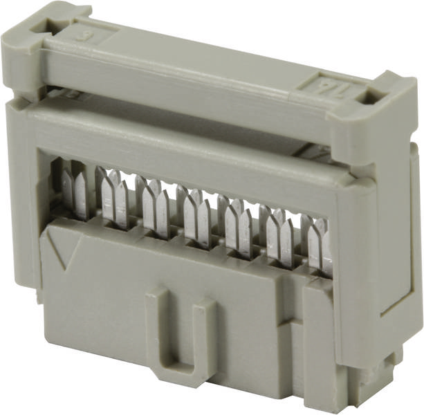 Ein grauer Kunststoffstecker mit mehreren Metallstiften, die aus der Basis ragen. Dient zur elektrischen Verbindung in technischen Geräten.