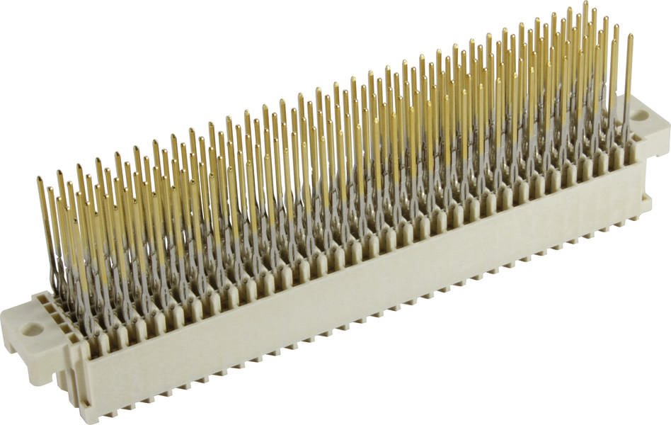 Ein rechteckiger Steckverbinder mit vielen goldenen Stiften auf einer weißen Basis, verwendet in elektronischen Geräten für Verbindungen.