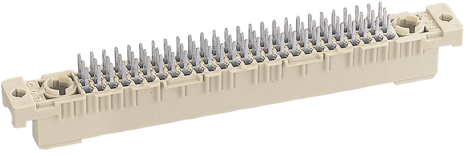 Ein 96-poliger Eurocard-Stecker, häufig in elektronische Verbindungsplatinen eingesetzt. Beige Kunststoffgehäuse mit metallischen Anschlussstiften.