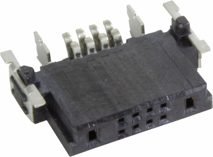 Ein schwarzer elektrischer Steckverbinder mit sechs Metallpins, geeignet für Flachbandkabelverbindungen.
