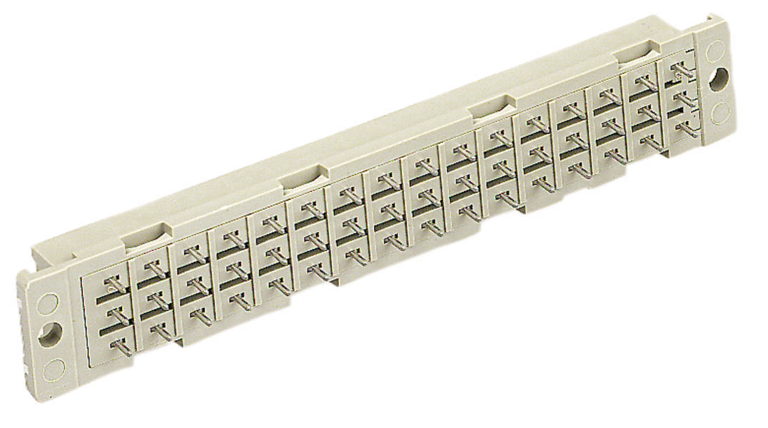 Ein langer, beigefarbener Kunststoffblock mit mehreren Reihen kleiner Metallkontakte, verwendet als Anschlussleiste in der Elektrotechnik.