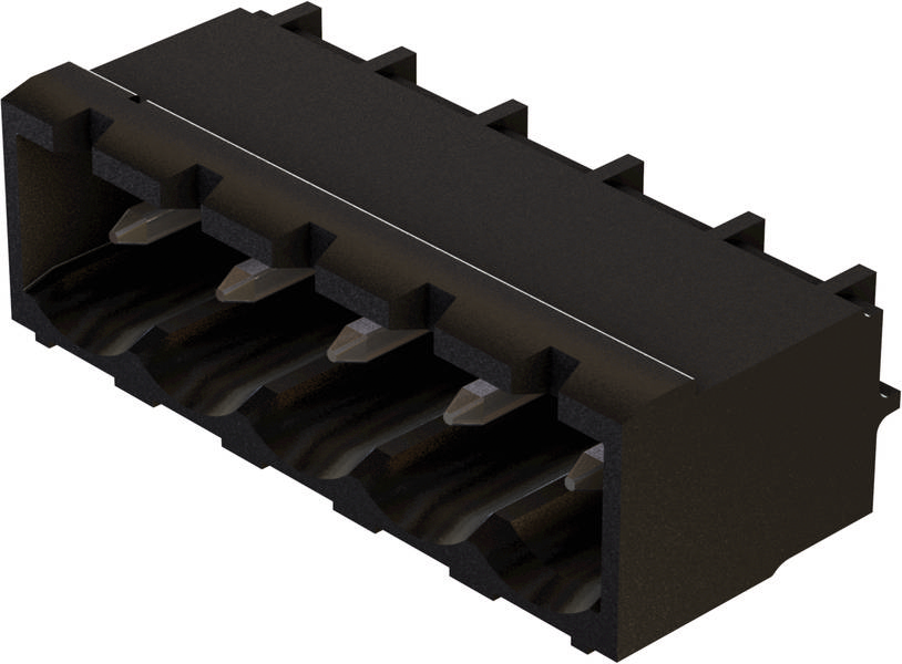 Ein schwarzer, rechteckiger Steckverbinder mit sechs Löchern. Hauptsächlich für elektronische Verbindungen verwendet.