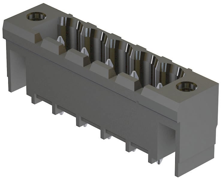 Schwarzer elektrischer Steckverbinder mit sechs Steckplätzen, rechteckige Form, Seitenansicht. Verwendet für elektrische Verbindungen.