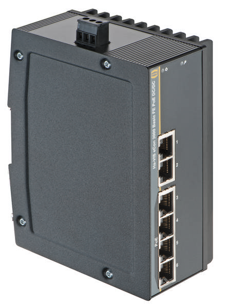 Industrieller Ethernet-Switch mit sechs RJ45-Anschlüssen und robustem Gehäuse zur Netzwerkverbindung in anspruchsvollen Umgebungen.