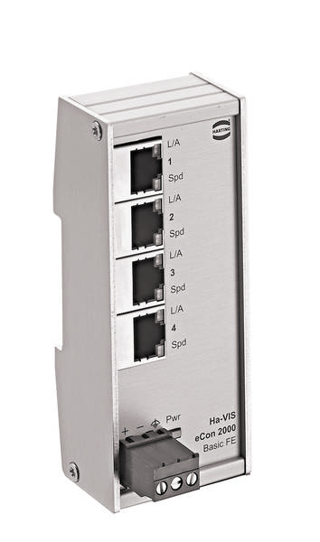 Netzwerk-Switch aus Metall mit vier Ethernet-Ports, beschriftet mit 'L/A 1-4' und 'Spd'. Unten Anschluss für Stromversorgung. Marke: Harting.