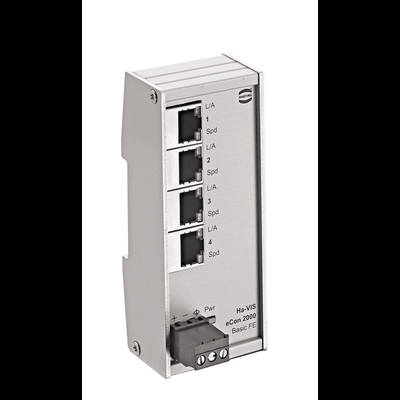 Netzwerk-Switch aus Metall mit vier Ethernet-Ports, beschriftet mit 'L/A 1-4' und 'Spd'. Unten Anschluss für Stromversorgung. Marke: Harting.